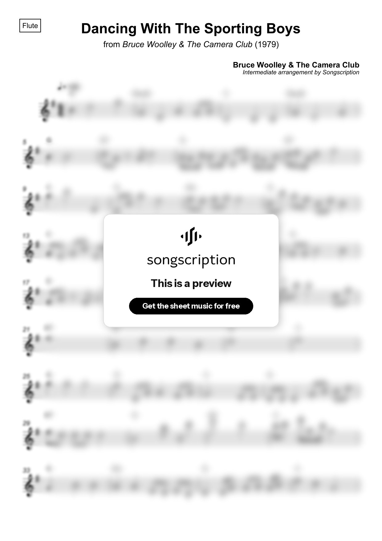 Intermediate Flute Sheet Music for "Dancing With The Sporting Boys" by Bruce Woolley & The Camera Club
