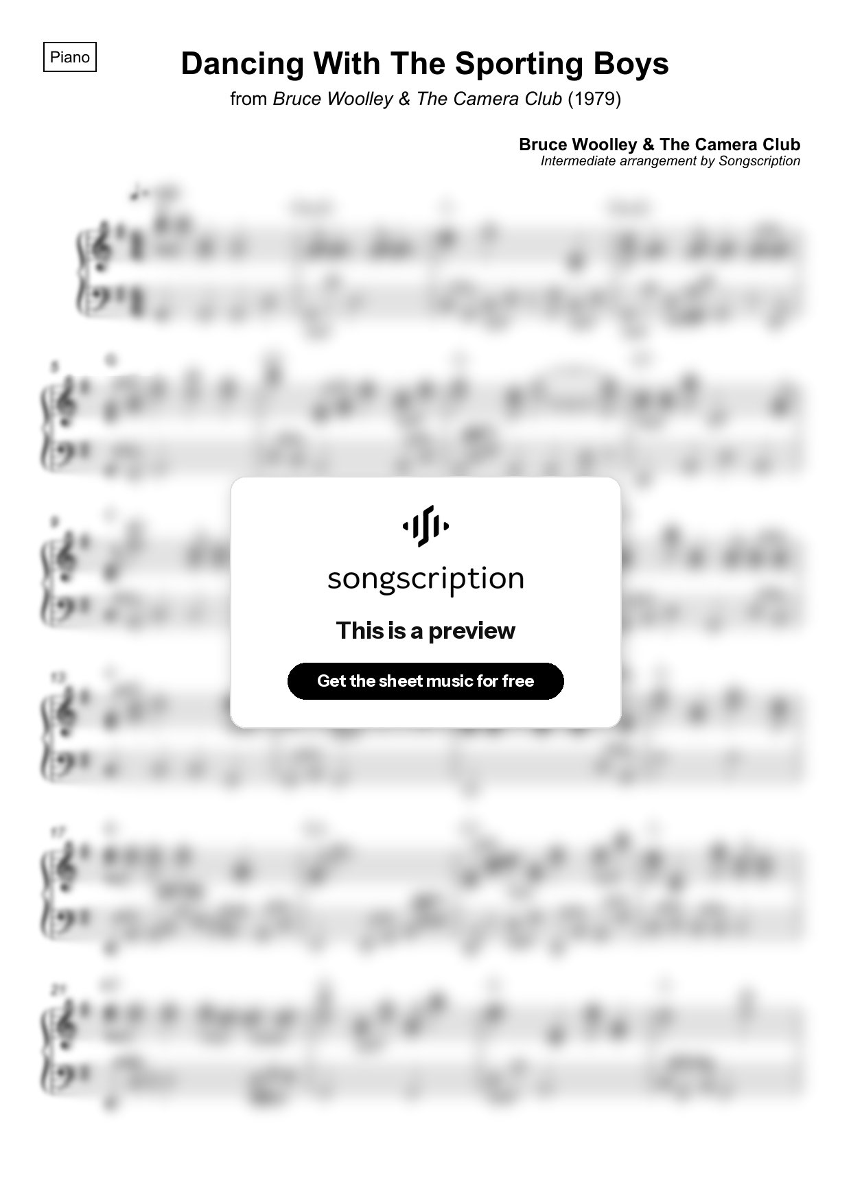 Intermediate Piano Sheet Music for "Dancing With The Sporting Boys" by Bruce Woolley & The Camera Club
