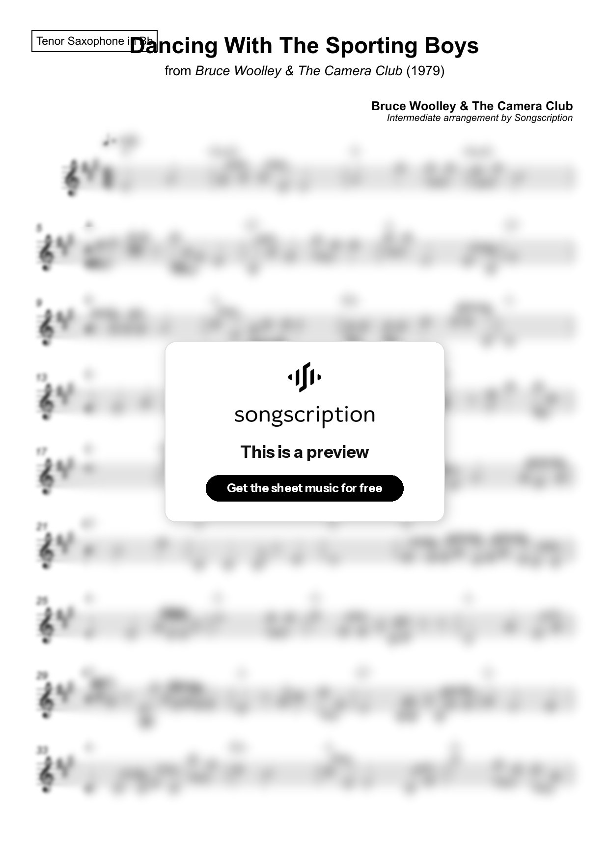 Intermediate Tenor Sax Sheet Music for "Dancing With The Sporting Boys" by Bruce Woolley & The Camera Club