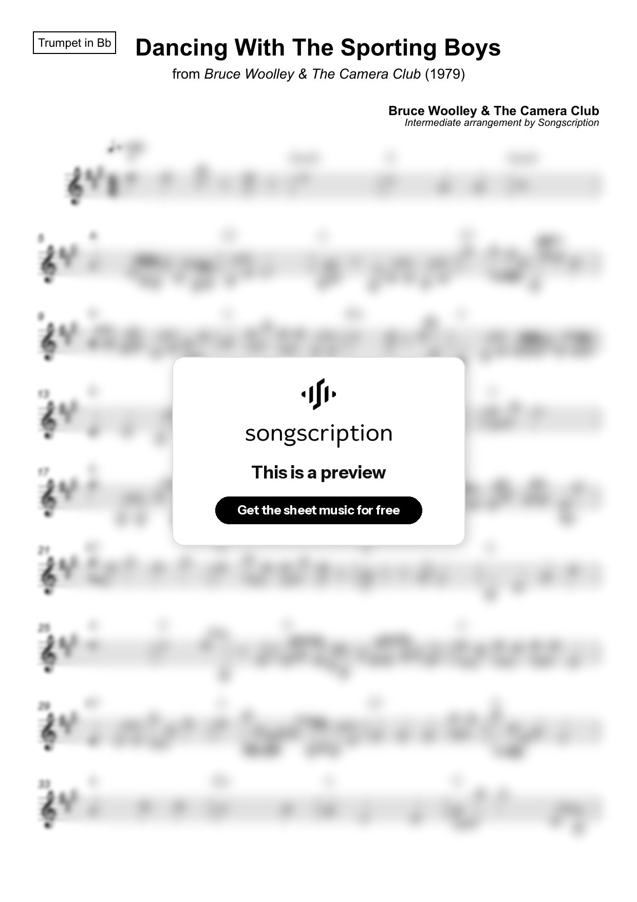 Intermediate Trumpet Sheet Music for "Dancing With The Sporting Boys" by Bruce Woolley & The Camera Club