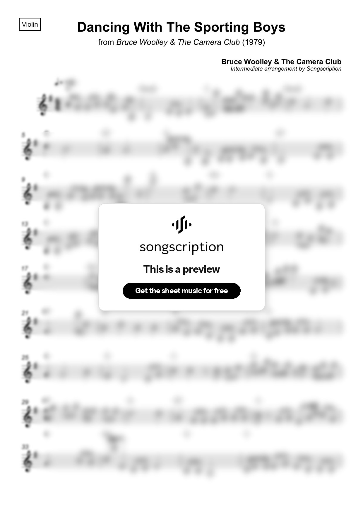 Intermediate Violin Sheet Music for "Dancing With The Sporting Boys" by Bruce Woolley & The Camera Club