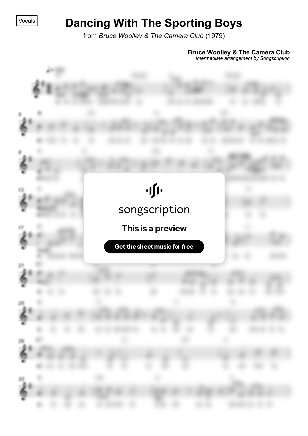 Intermediate Vocals Sheet Music for "Dancing With The Sporting Boys" by Bruce Woolley & The Camera Club
