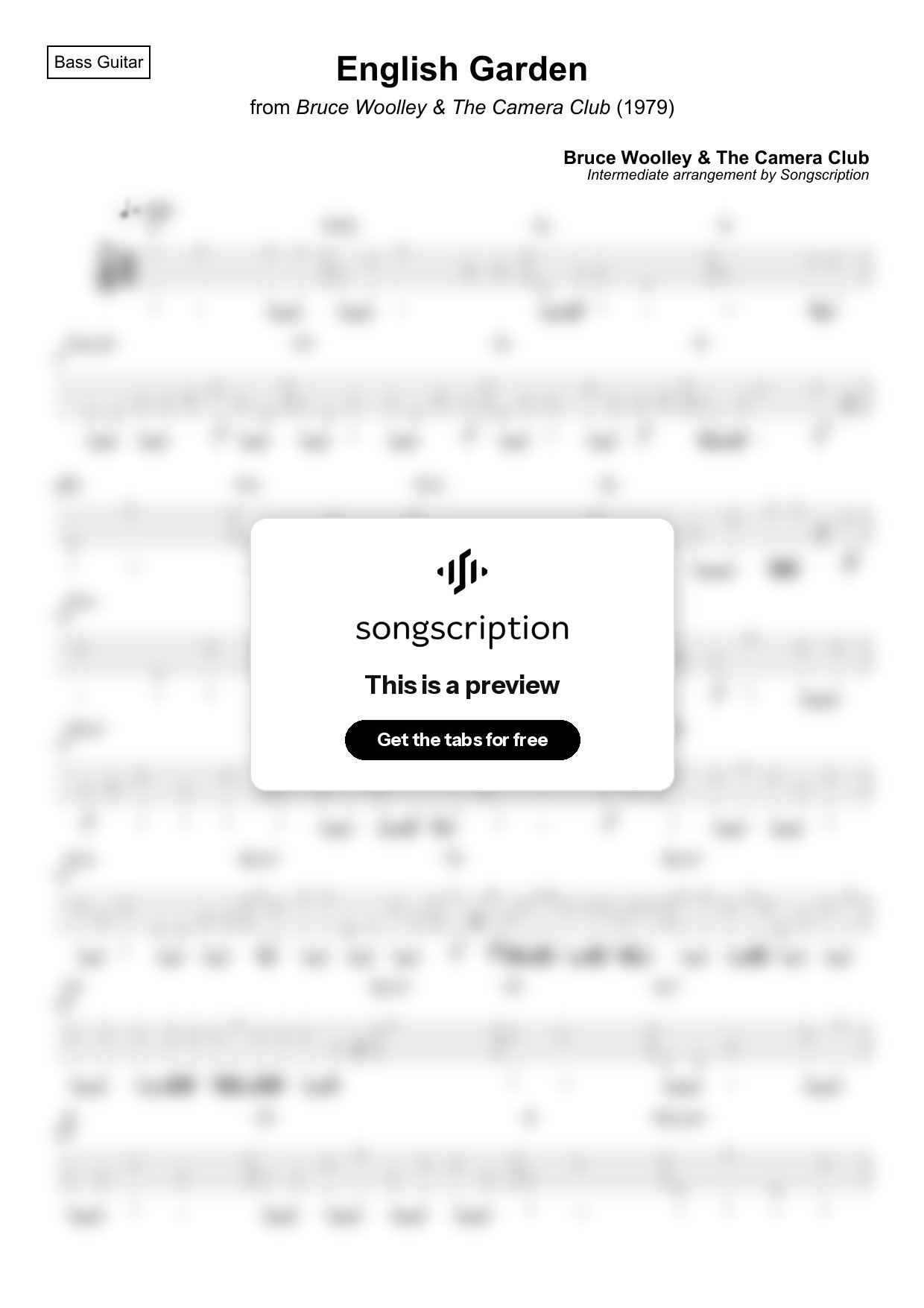 Intermediate Bass Guitar Tabs for "English Garden" by Bruce Woolley & The Camera Club