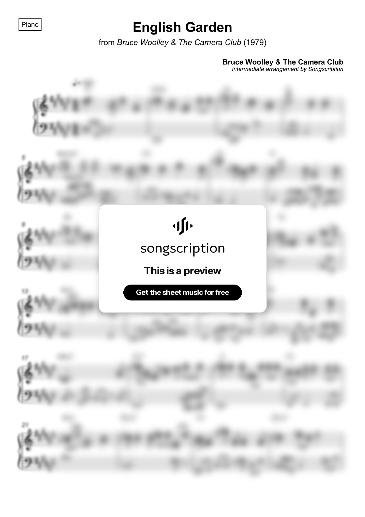 Intermediate Piano Sheet Music for "English Garden" by Bruce Woolley & The Camera Club