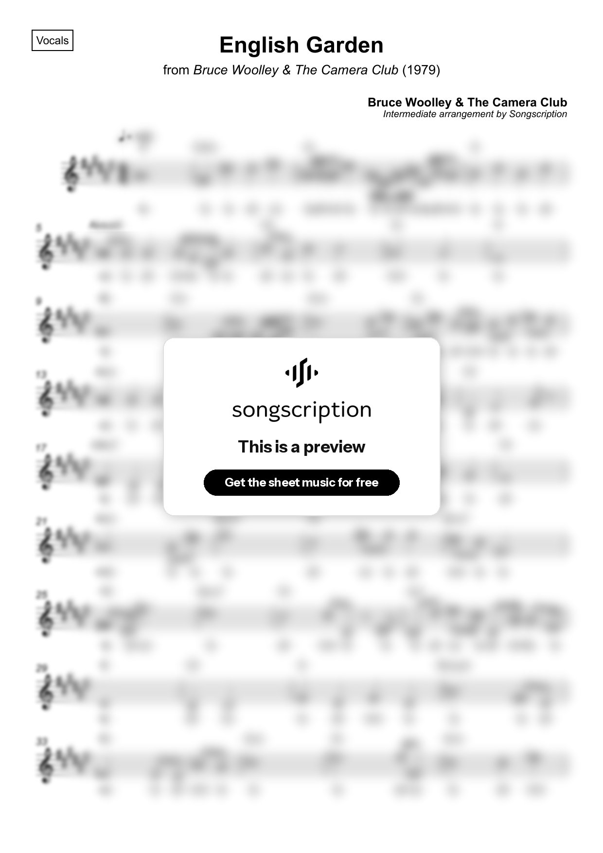 Intermediate Vocals Sheet Music for "English Garden" by Bruce Woolley & The Camera Club