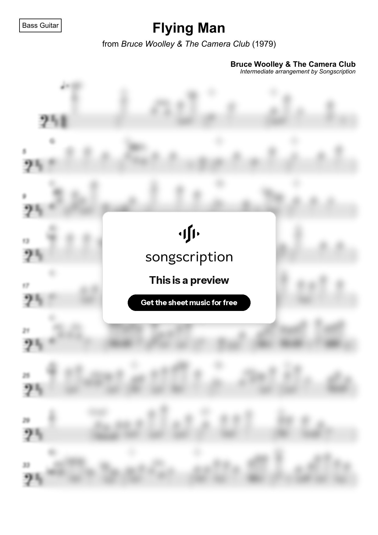 Intermediate Bass Guitar Sheet Music for "Flying Man" by Bruce Woolley & The Camera Club