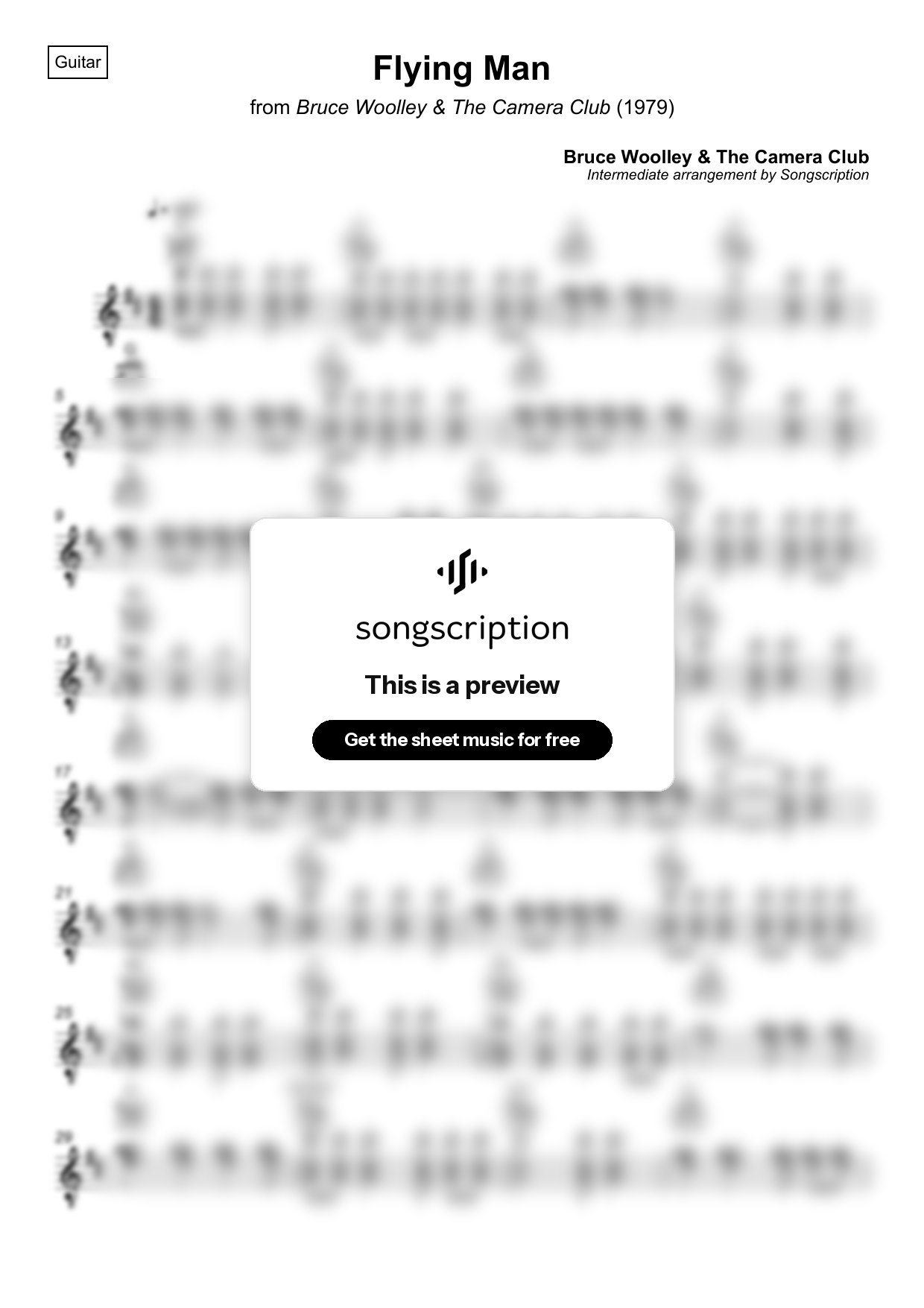 Intermediate Acoustic Guitar Sheet Music for "Flying Man" by Bruce Woolley & The Camera Club