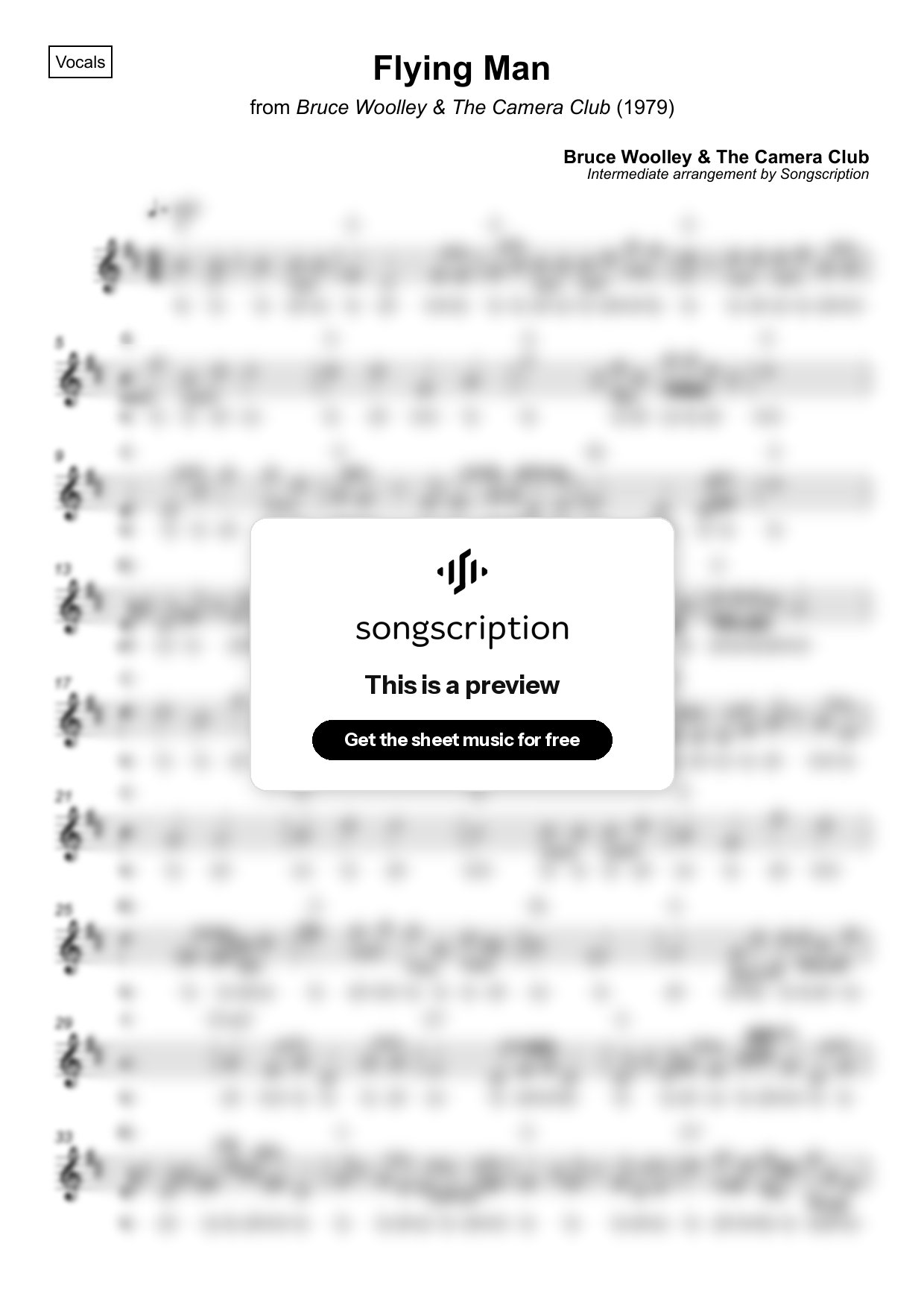 Intermediate Vocals Sheet Music for "Flying Man" by Bruce Woolley & The Camera Club