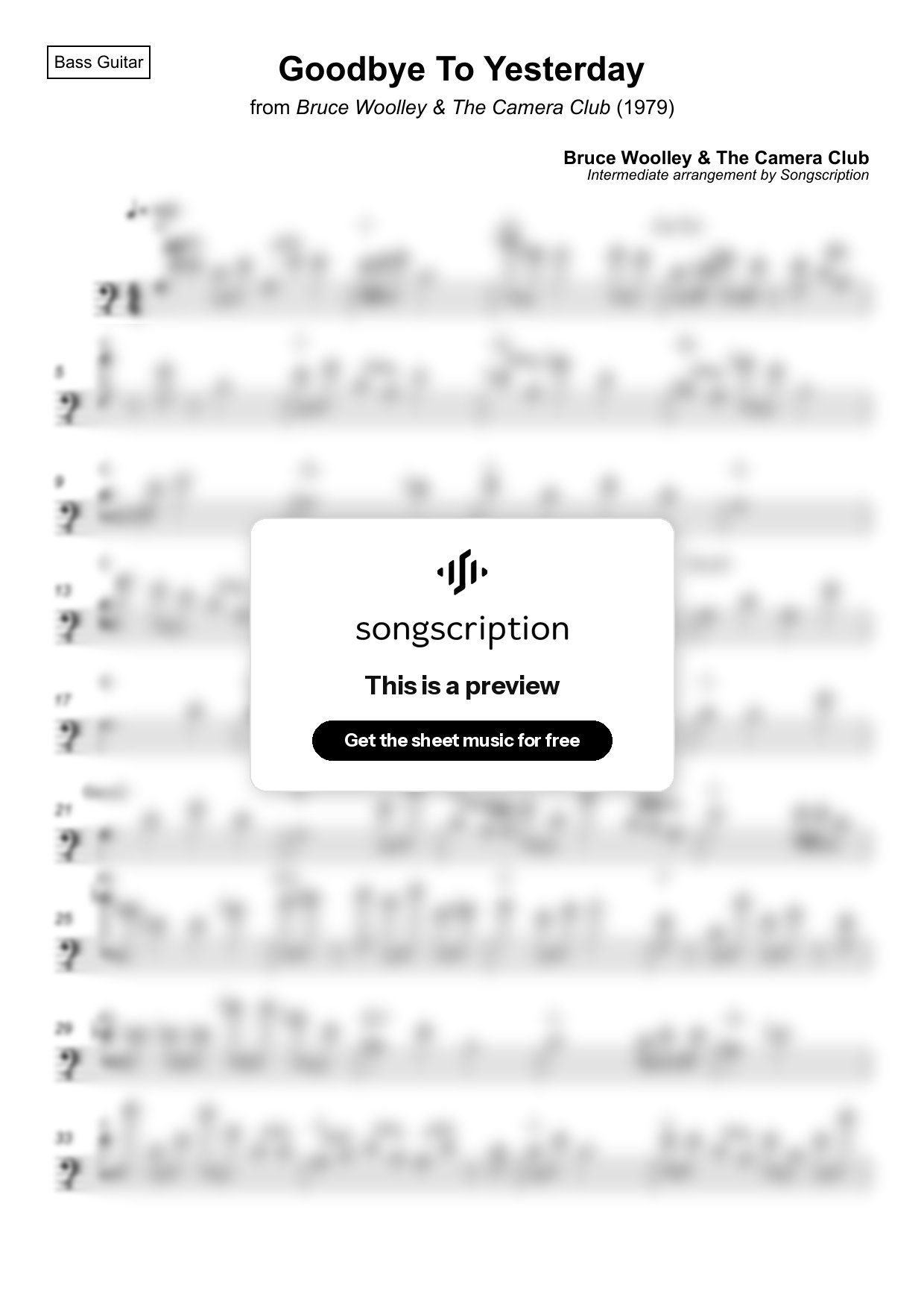 Intermediate Bass Guitar Sheet Music for "Goodbye To Yesterday" by Bruce Woolley & The Camera Club