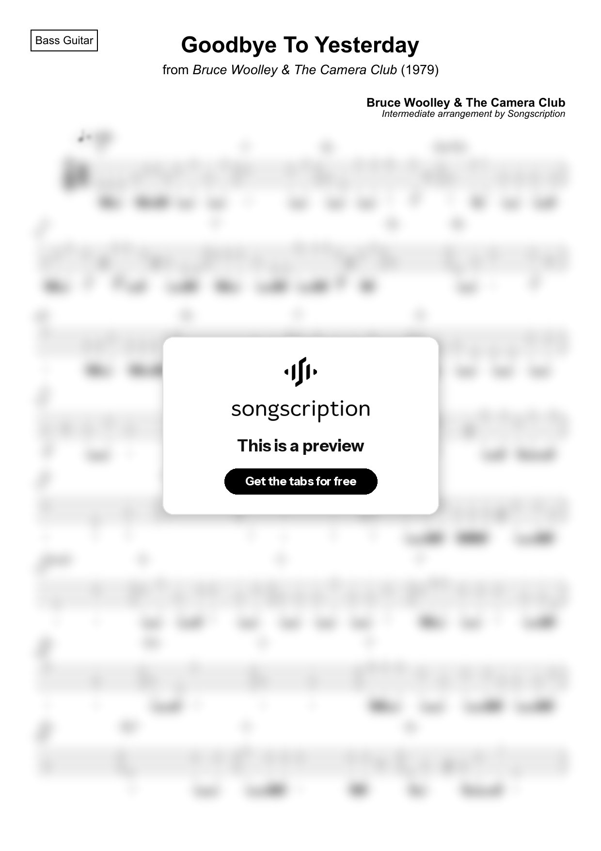 Intermediate Bass Guitar Tabs for "Goodbye To Yesterday" by Bruce Woolley & The Camera Club