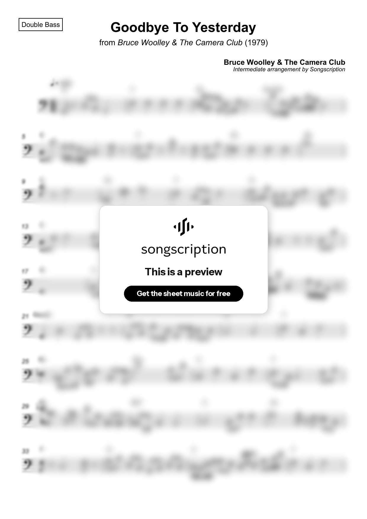 Intermediate Double Bass Sheet Music for "Goodbye To Yesterday" by Bruce Woolley & The Camera Club