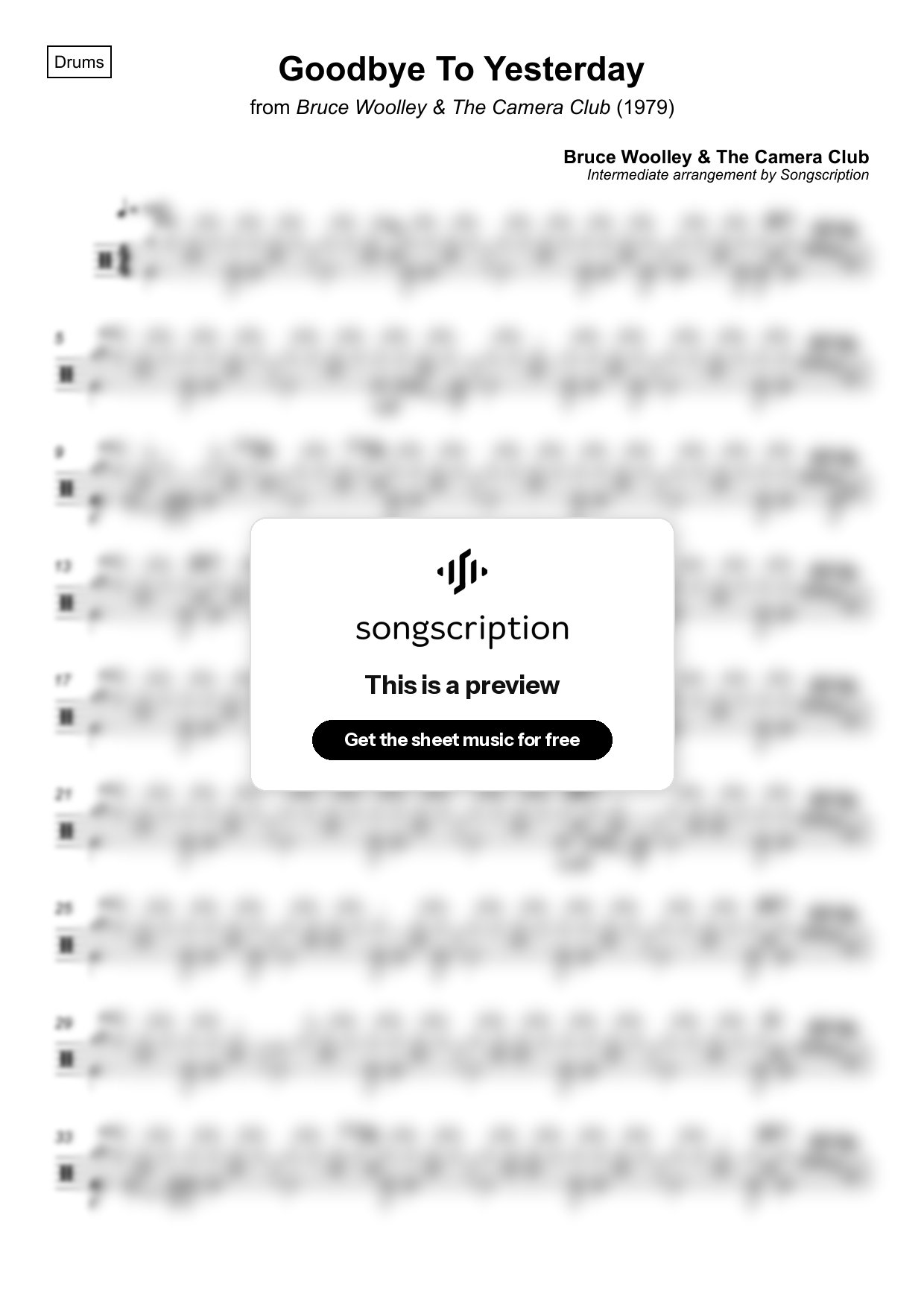 Intermediate Drums Sheet Music for "Goodbye To Yesterday" by Bruce Woolley & The Camera Club