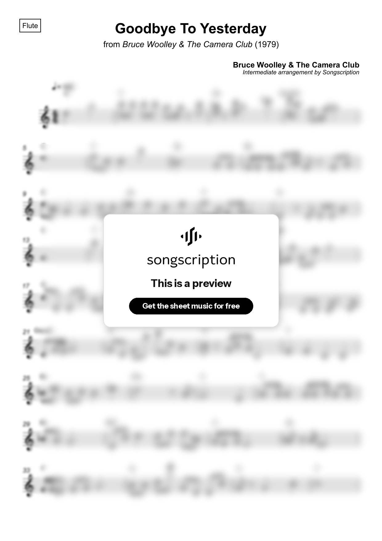 Intermediate Flute Sheet Music for "Goodbye To Yesterday" by Bruce Woolley & The Camera Club