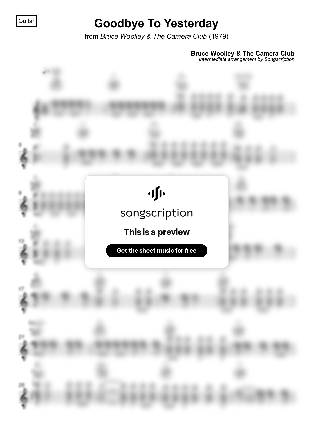 Intermediate Acoustic Guitar Sheet Music for "Goodbye To Yesterday" by Bruce Woolley & The Camera Club