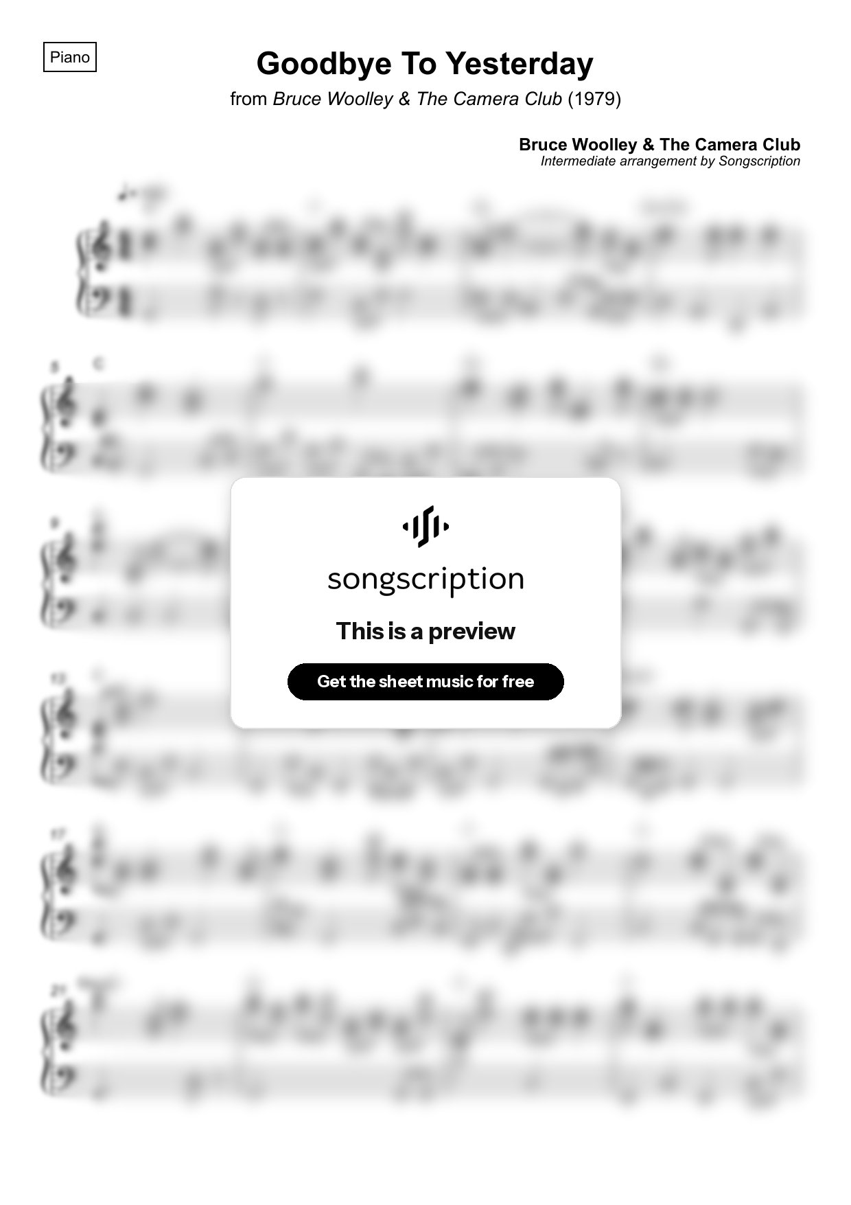 Intermediate Piano Sheet Music for "Goodbye To Yesterday" by Bruce Woolley & The Camera Club