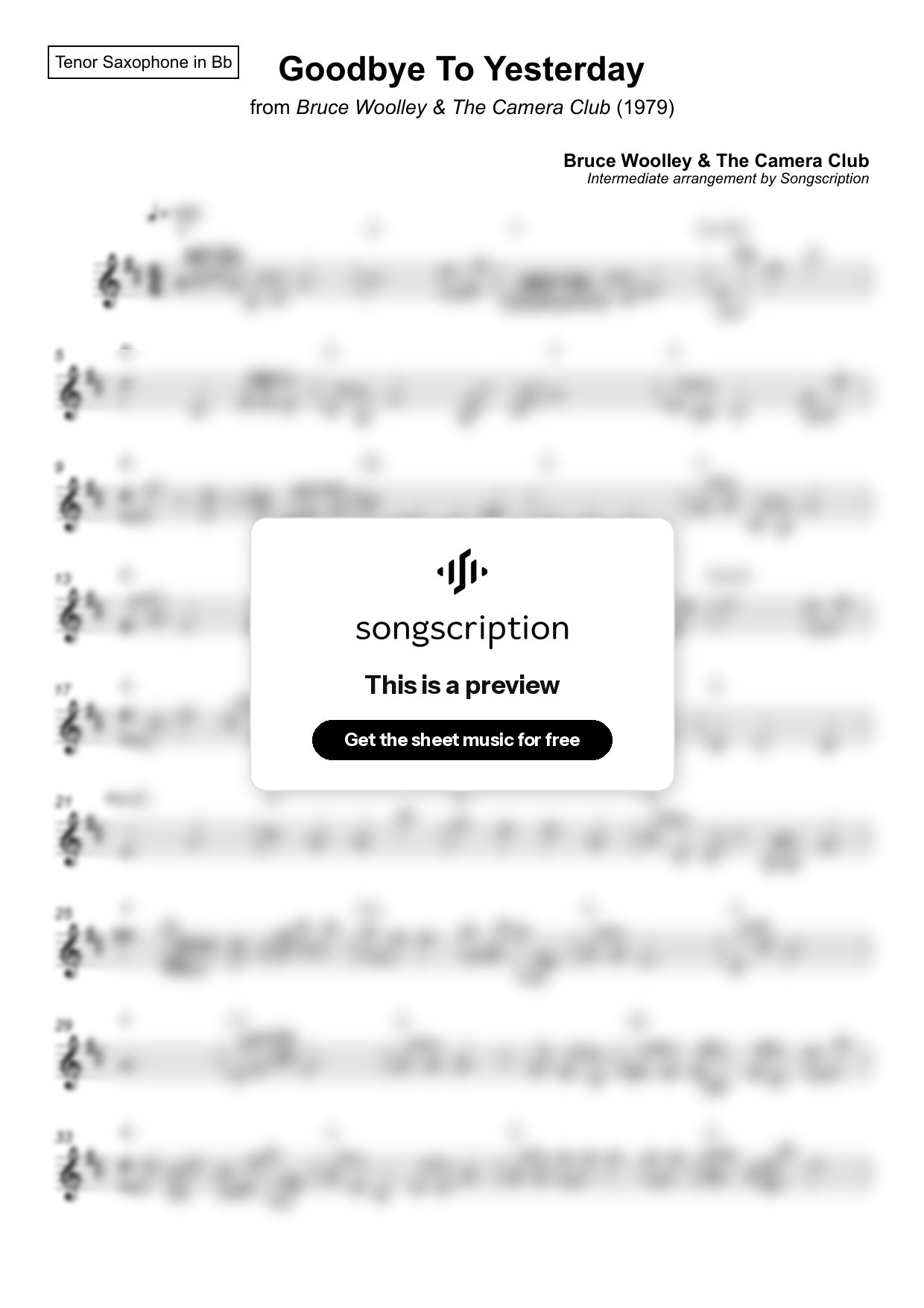 Intermediate Tenor Sax Sheet Music for "Goodbye To Yesterday" by Bruce Woolley & The Camera Club