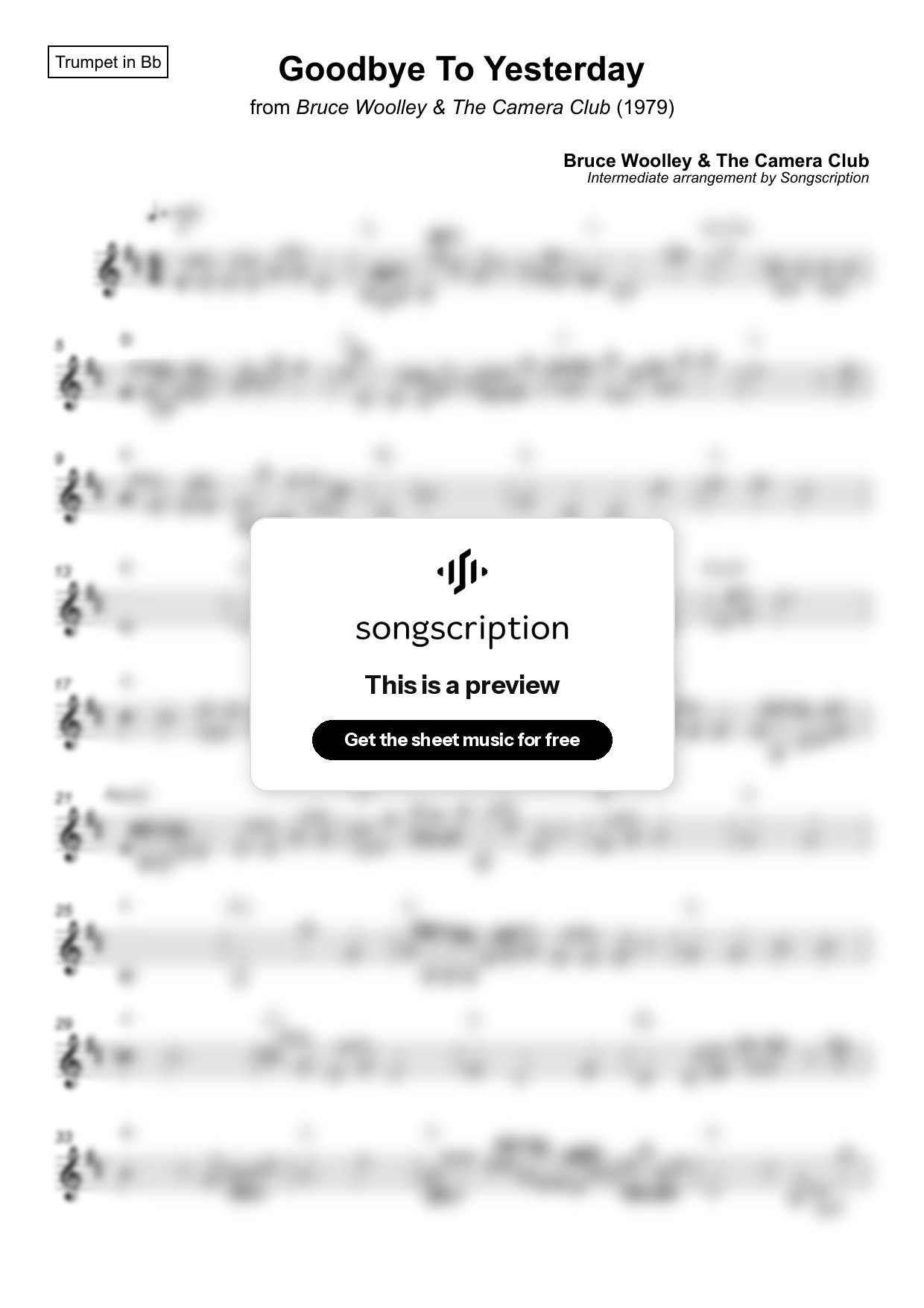 Intermediate Trumpet Sheet Music for "Goodbye To Yesterday" by Bruce Woolley & The Camera Club