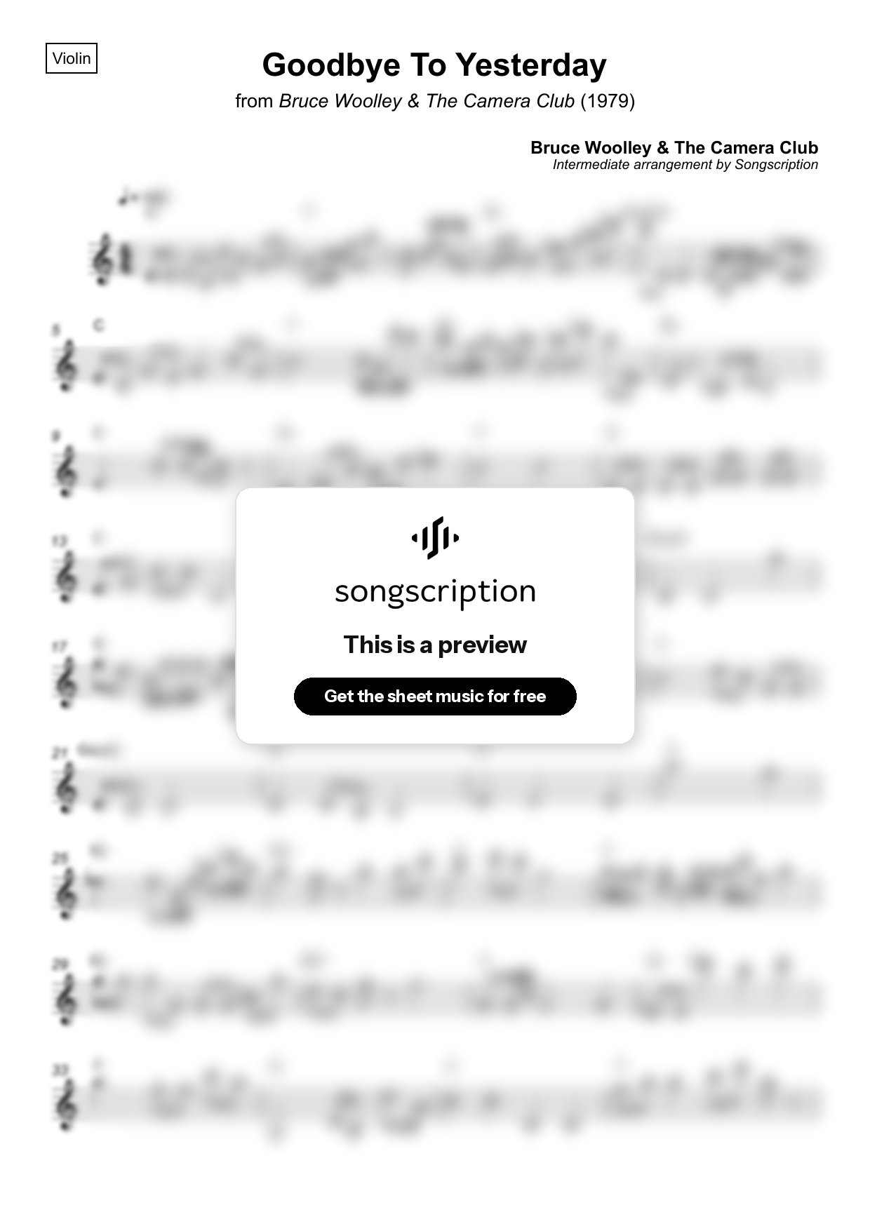 Intermediate Violin Sheet Music for "Goodbye To Yesterday" by Bruce Woolley & The Camera Club