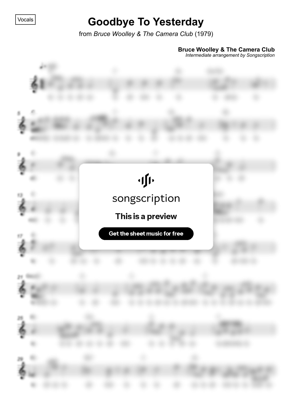 Intermediate Vocals Sheet Music for "Goodbye To Yesterday" by Bruce Woolley & The Camera Club