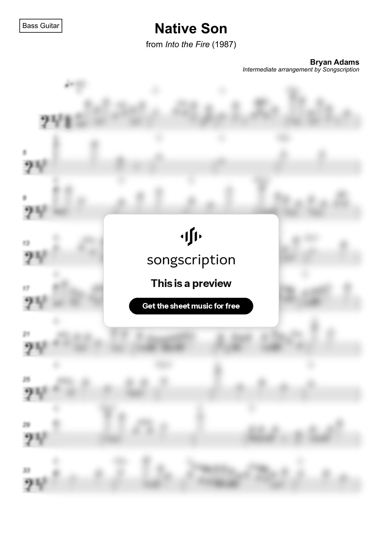 Intermediate Bass Guitar Sheet Music for "Native Son" by Bryan Adams