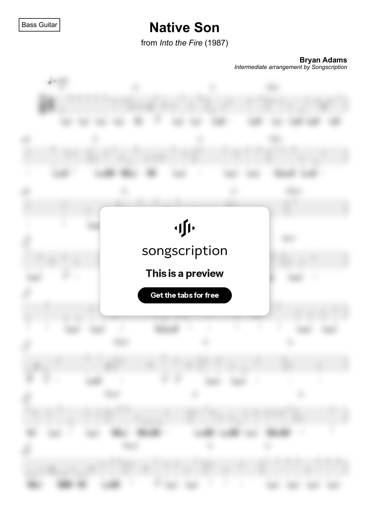 Intermediate Bass Guitar Tabs for "Native Son" by Bryan Adams