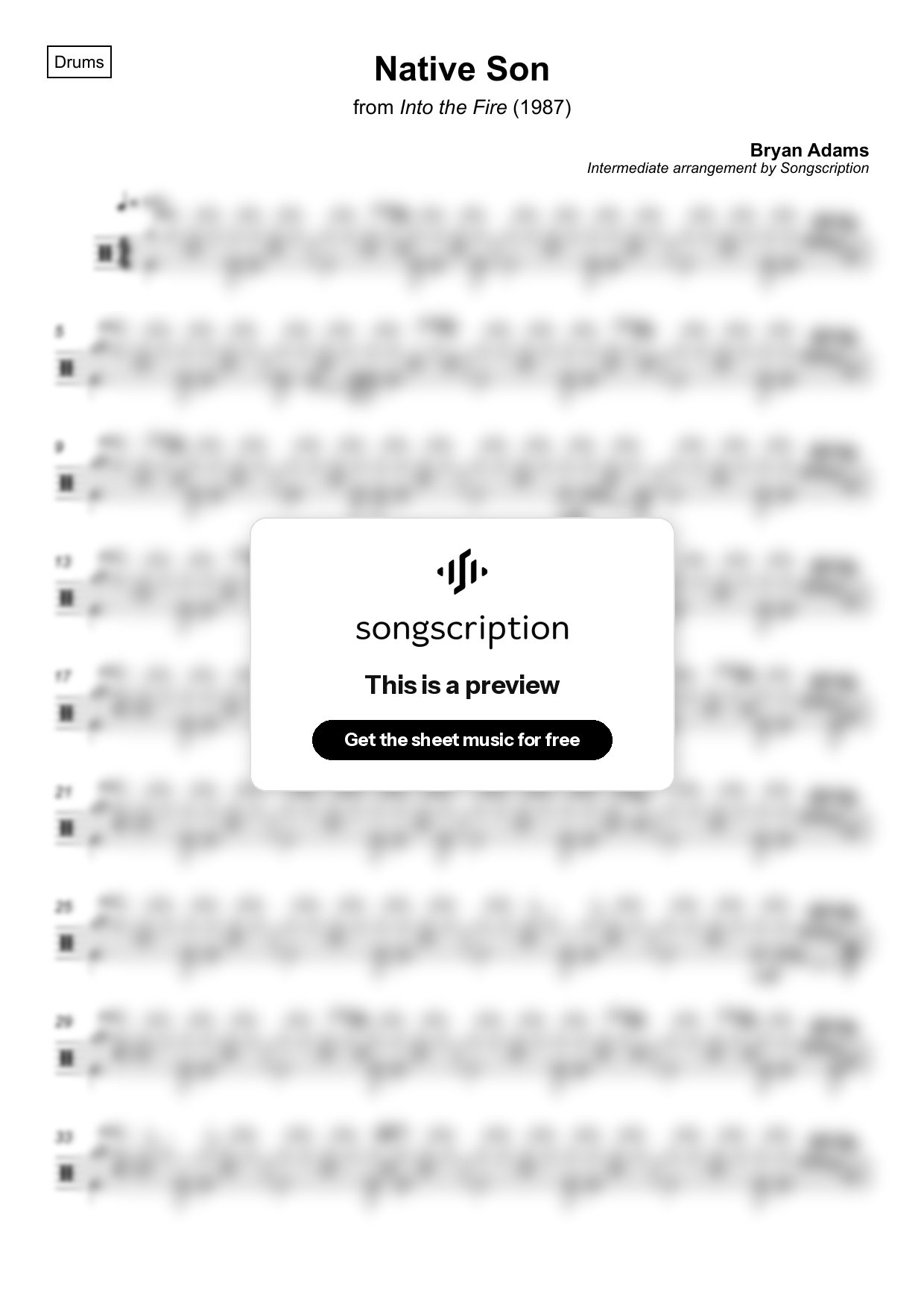Intermediate Drums Sheet Music for "Native Son" by Bryan Adams