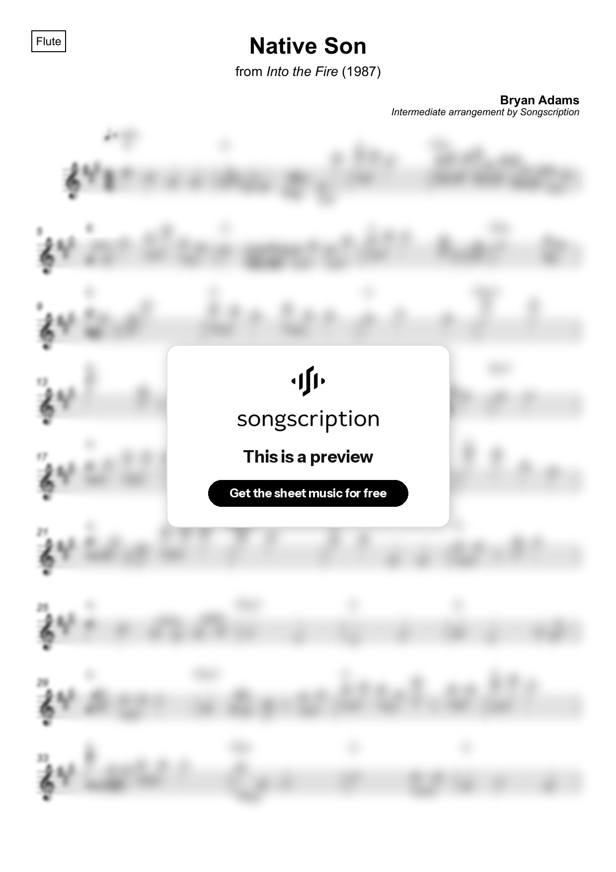 Intermediate Flute Sheet Music for "Native Son" by Bryan Adams