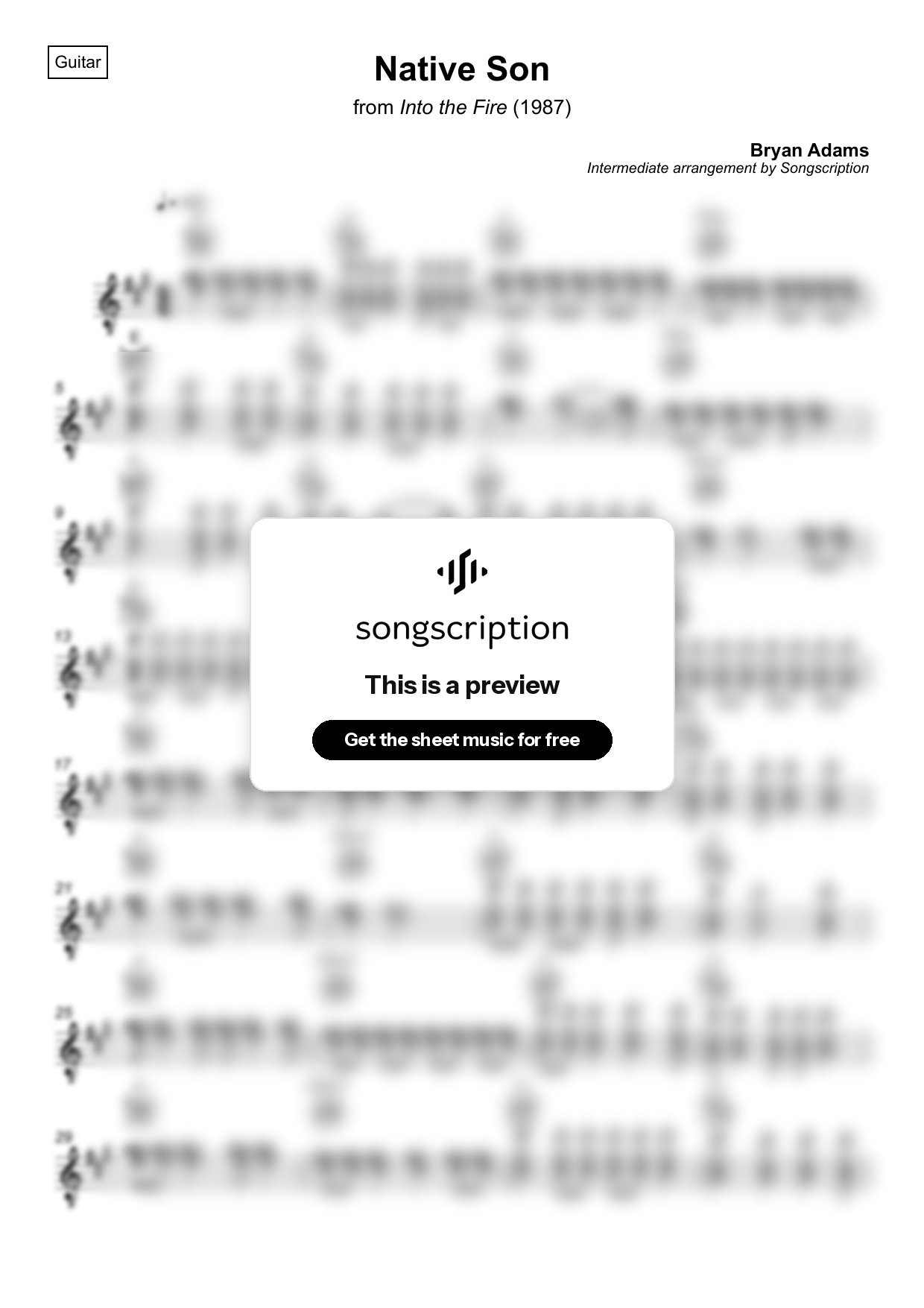 Intermediate Acoustic Guitar Sheet Music for "Native Son" by Bryan Adams