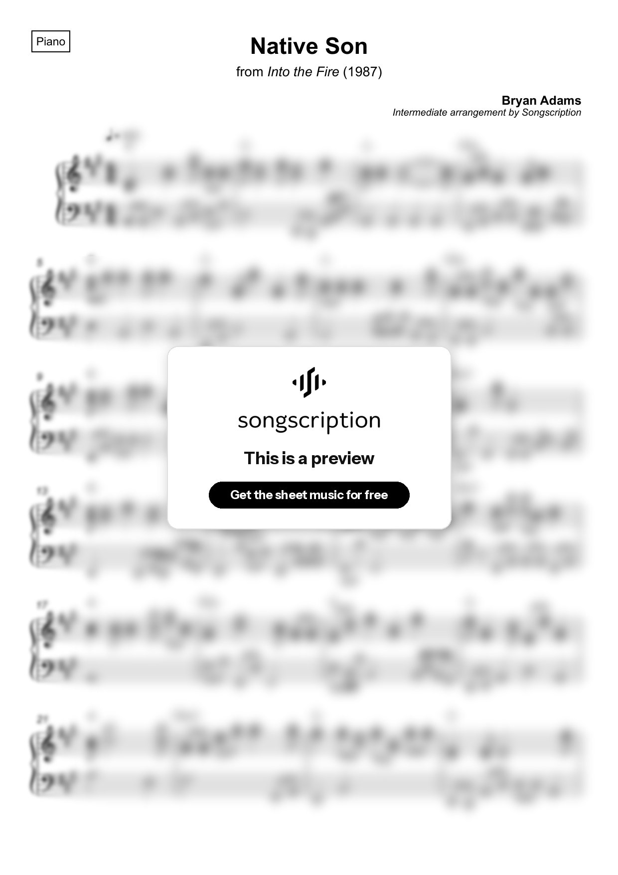 Intermediate Piano Sheet Music for "Native Son" by Bryan Adams