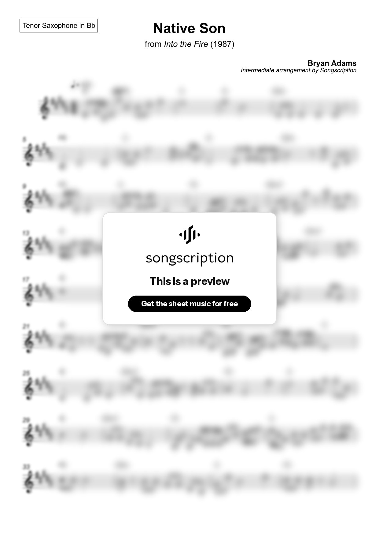 Intermediate Tenor Sax Sheet Music for "Native Son" by Bryan Adams