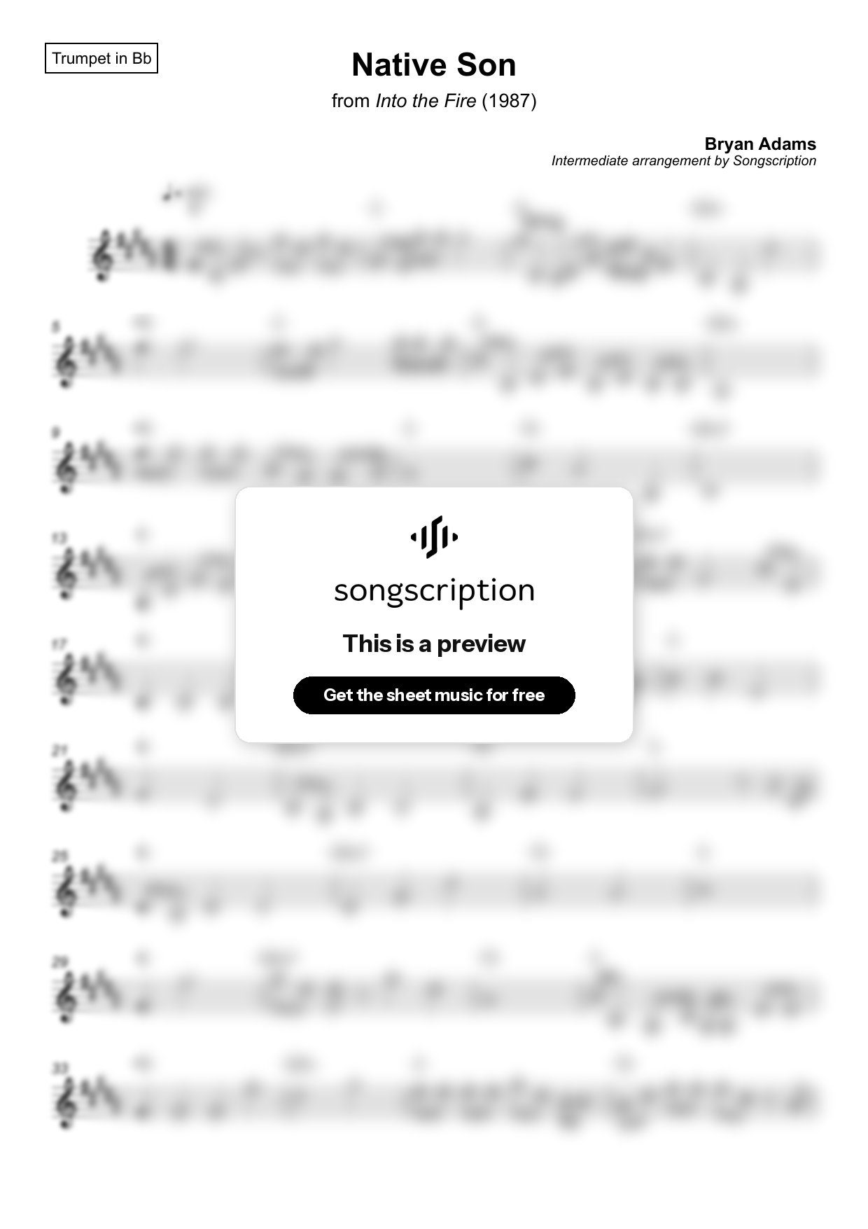 Intermediate Trumpet Sheet Music for "Native Son" by Bryan Adams