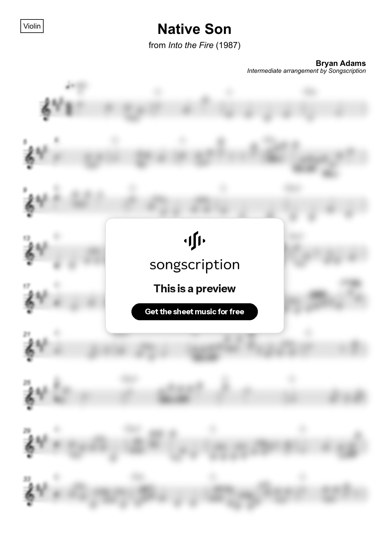 Intermediate Violin Sheet Music for "Native Son" by Bryan Adams