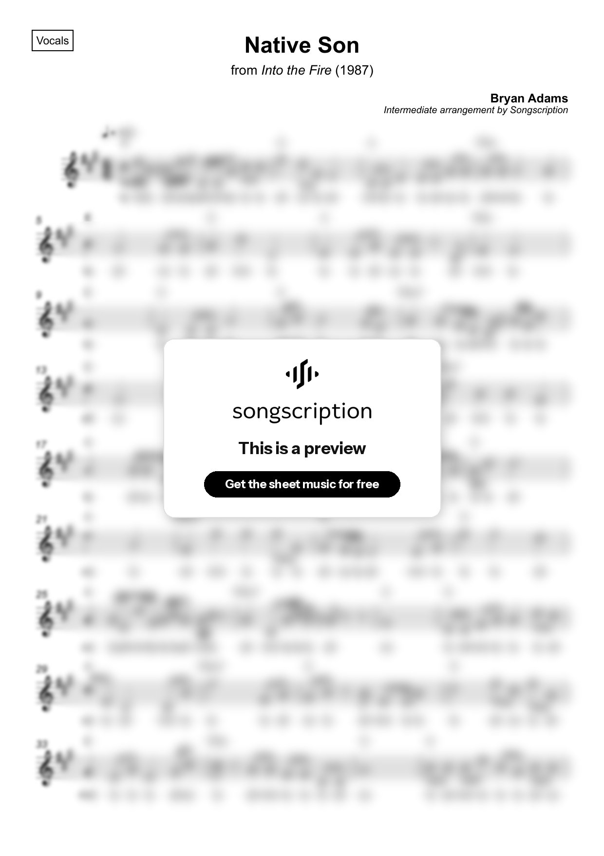 Intermediate Vocals Sheet Music for "Native Son" by Bryan Adams