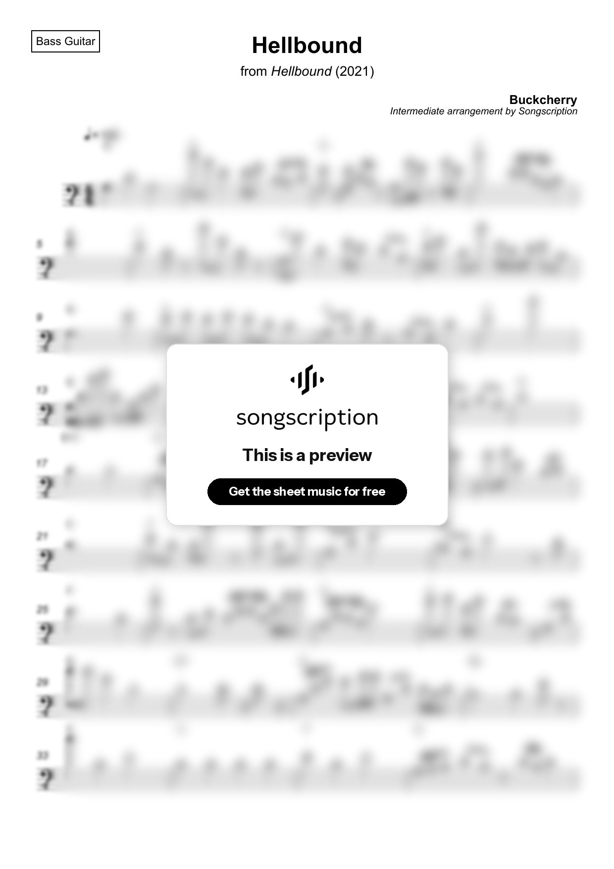 Intermediate Bass Guitar Sheet Music for "Hellbound" by Buckcherry