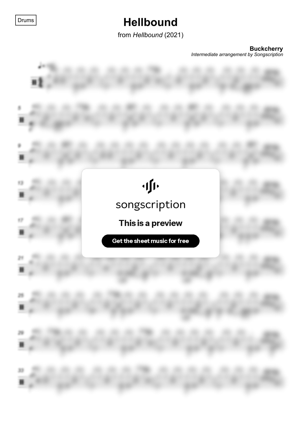 Intermediate Drums Sheet Music for "Hellbound" by Buckcherry