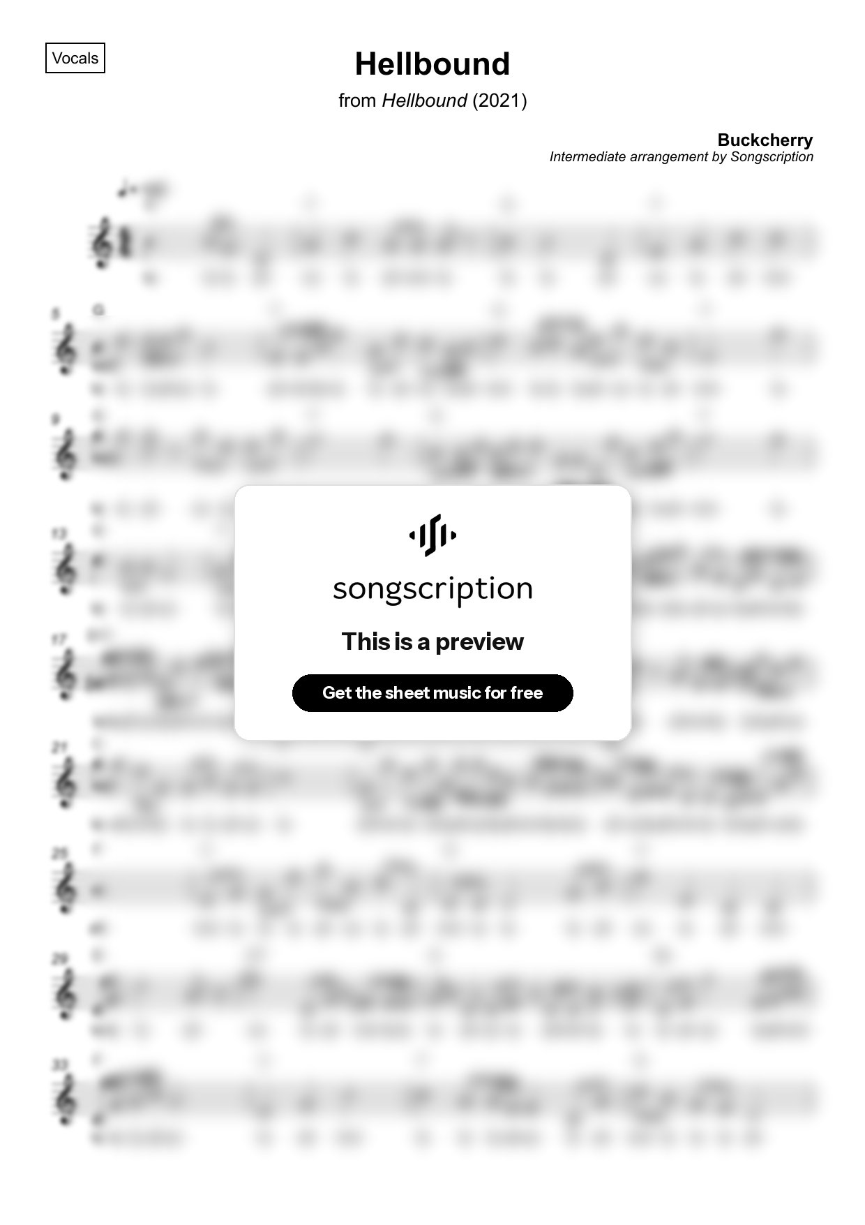 Intermediate Vocals Sheet Music for "Hellbound" by Buckcherry