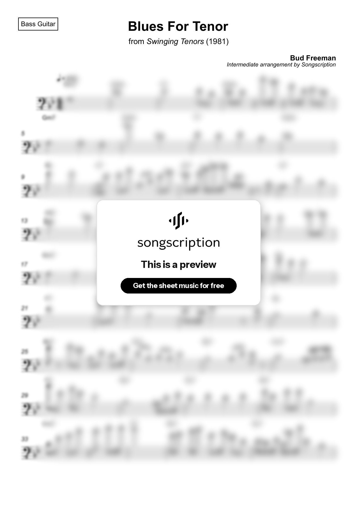 Intermediate Bass Guitar Sheet Music for "Blues For Tenor" by Bud Freeman