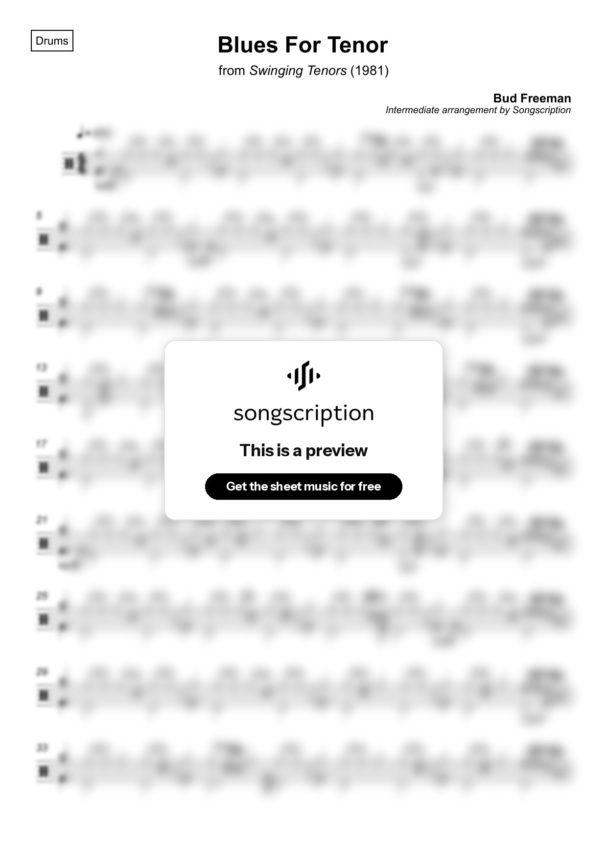 Intermediate Drums Sheet Music for "Blues For Tenor" by Bud Freeman