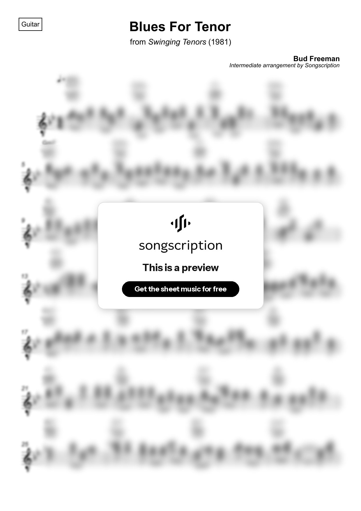 Intermediate Acoustic Guitar Sheet Music for "Blues For Tenor" by Bud Freeman