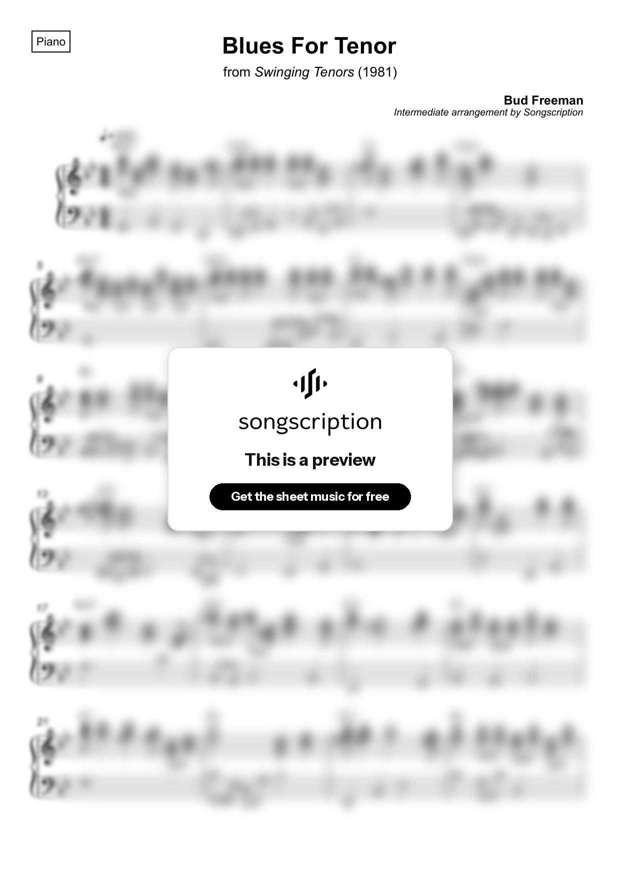 Intermediate Piano Sheet Music for "Blues For Tenor" by Bud Freeman