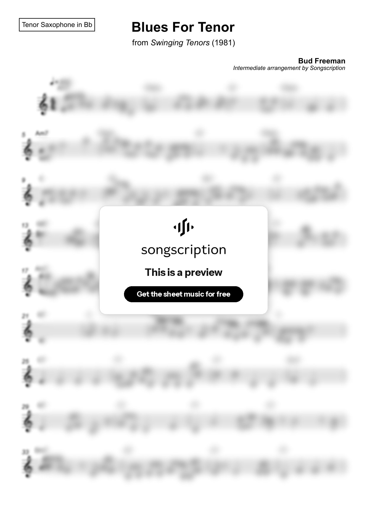 Intermediate Tenor Sax Sheet Music for "Blues For Tenor" by Bud Freeman