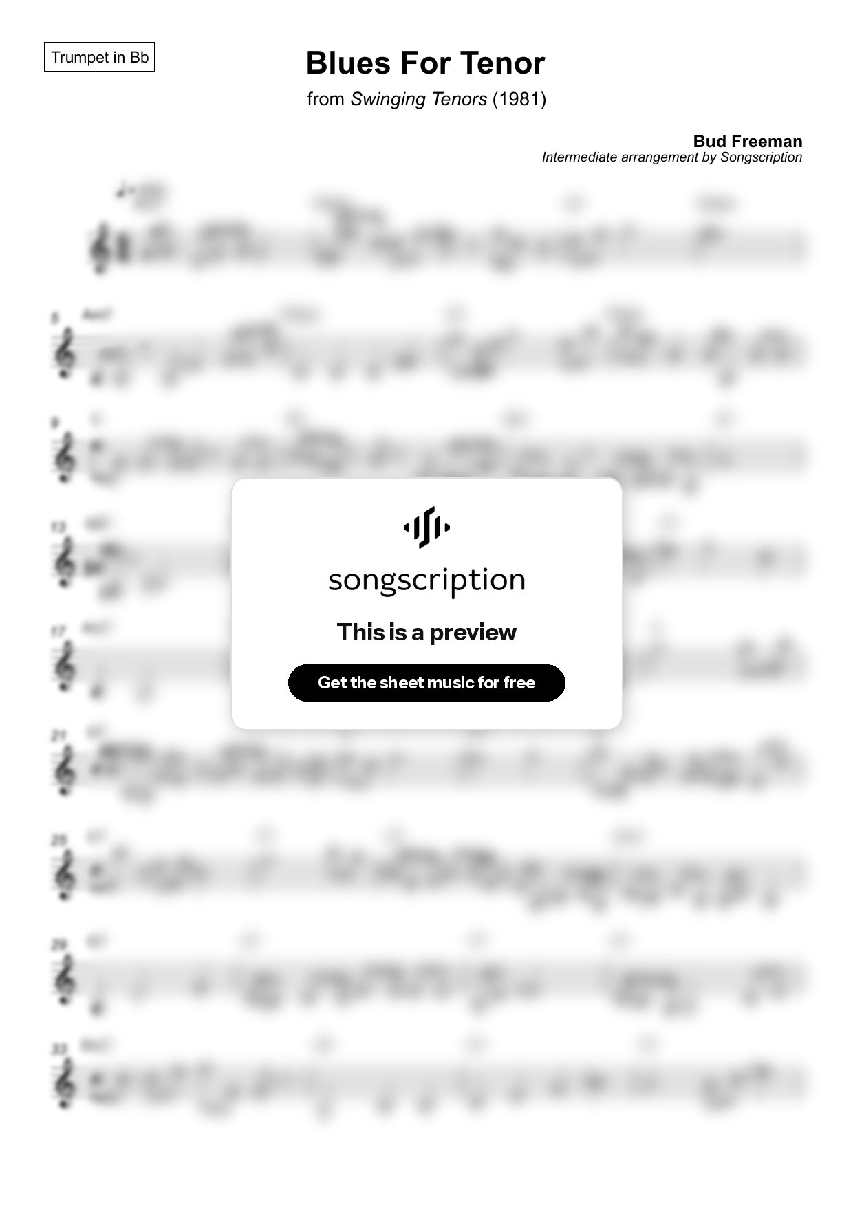Intermediate Trumpet Sheet Music for "Blues For Tenor" by Bud Freeman