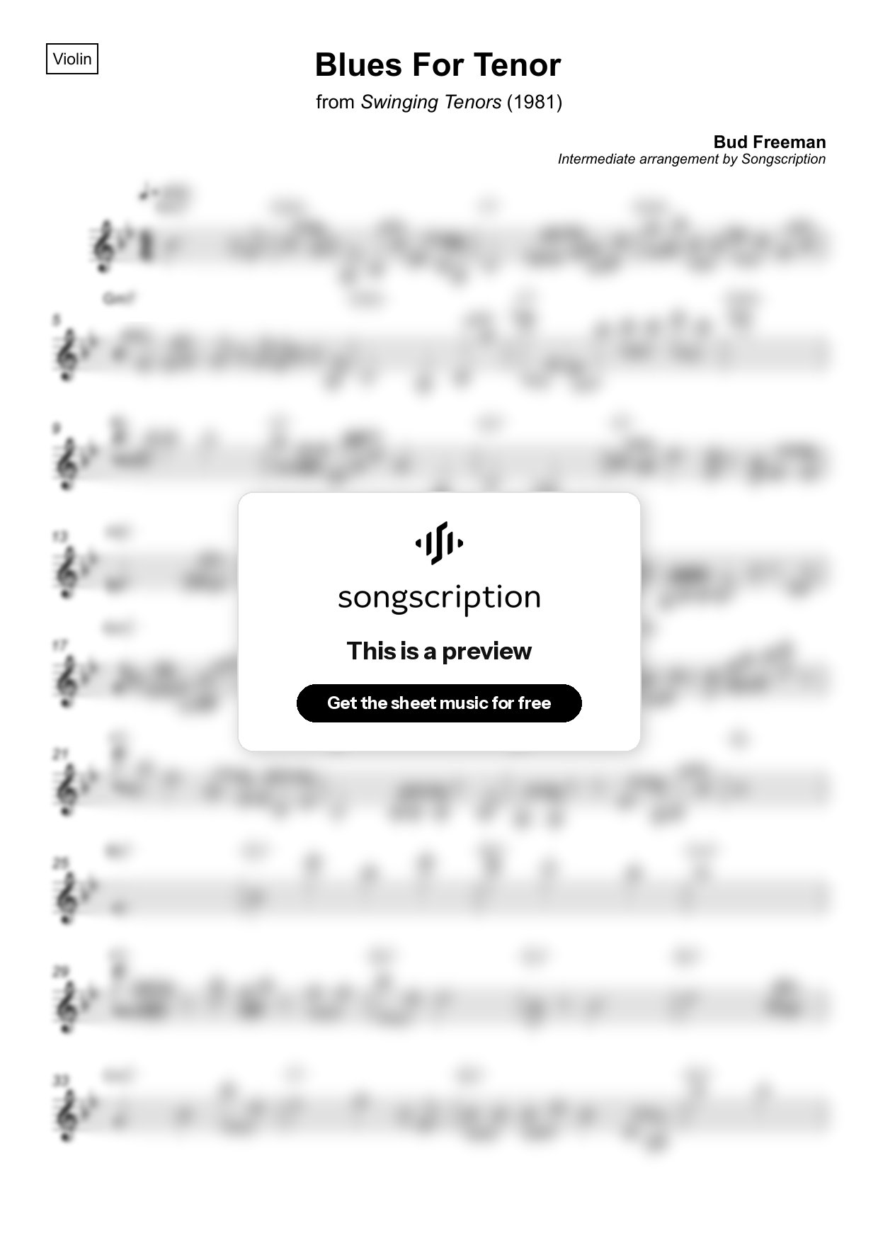 Intermediate Violin Sheet Music for "Blues For Tenor" by Bud Freeman