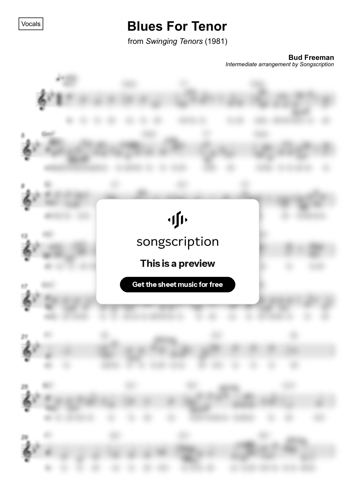 Intermediate Vocals Sheet Music for "Blues For Tenor" by Bud Freeman