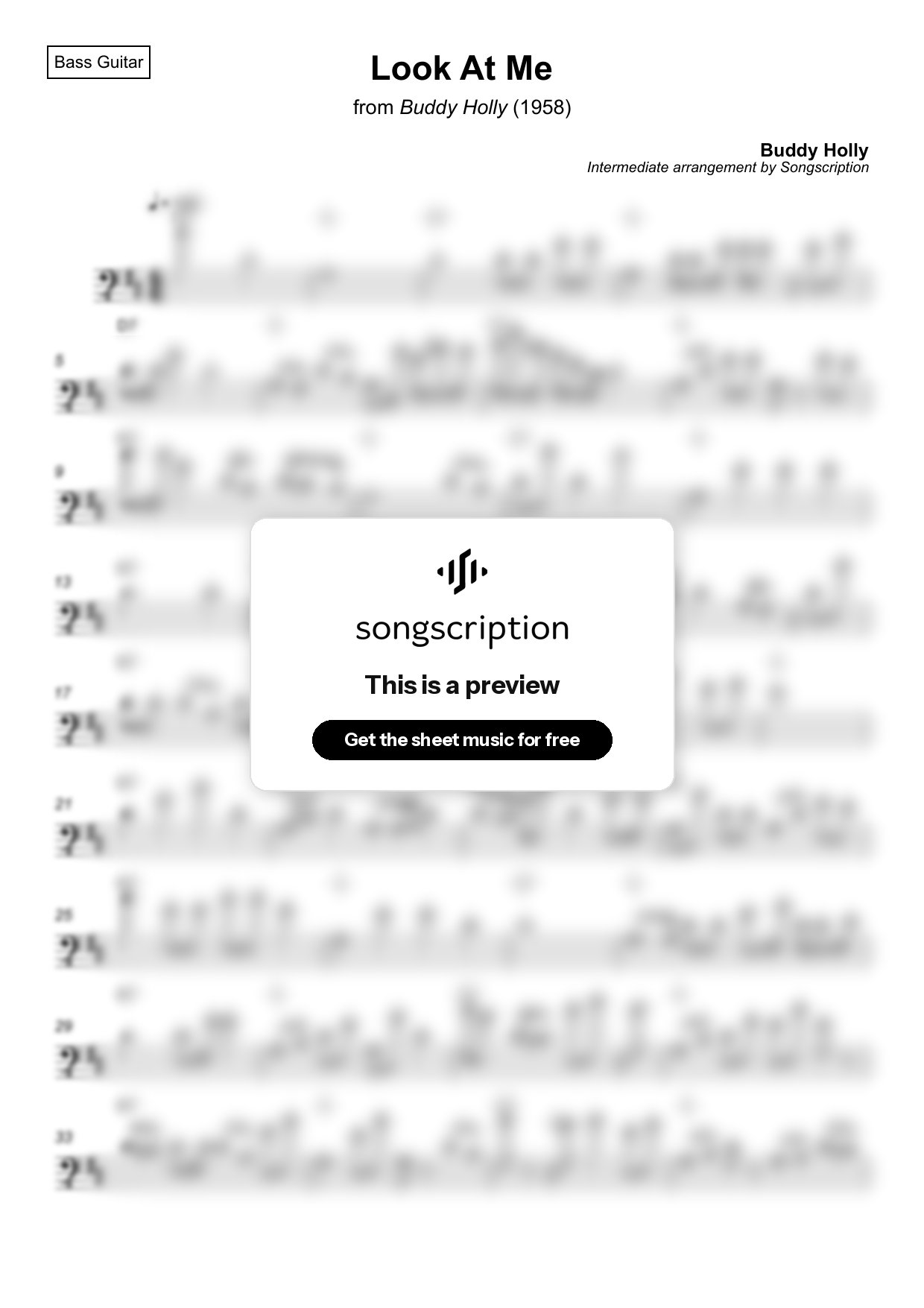 Intermediate Bass Guitar Sheet Music for "Look At Me" by Buddy Holly