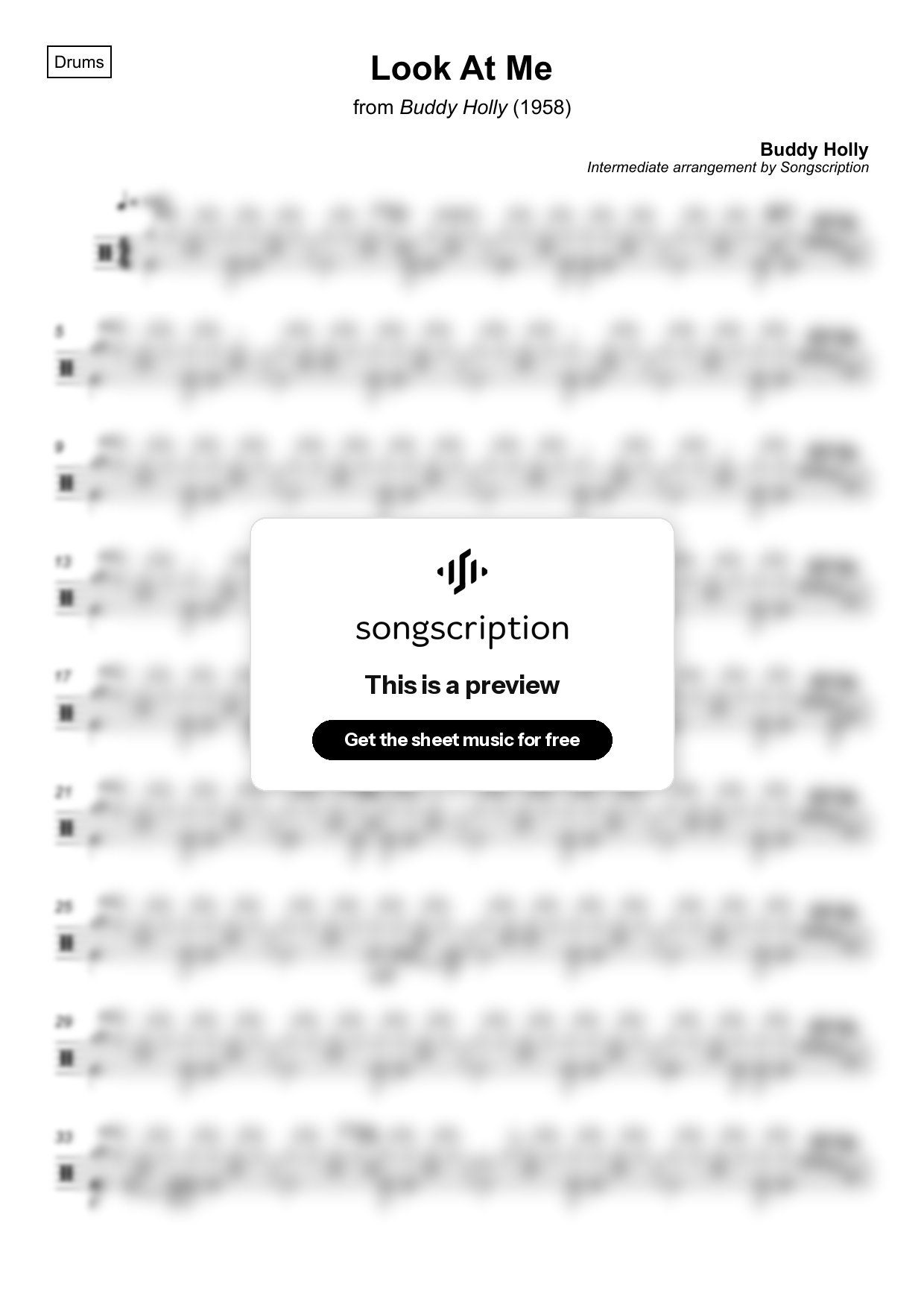 Intermediate Drums Sheet Music for "Look At Me" by Buddy Holly