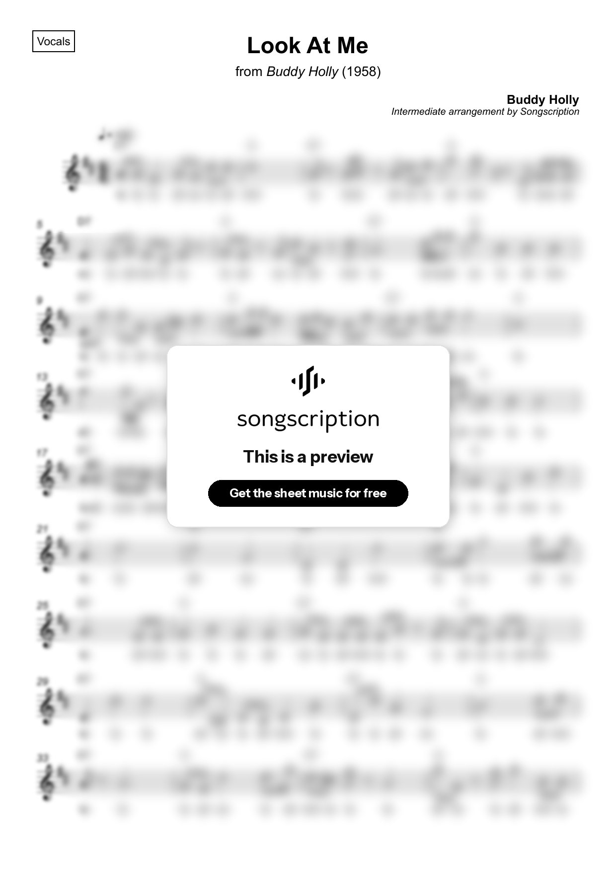 Intermediate Vocals Sheet Music for "Look At Me" by Buddy Holly