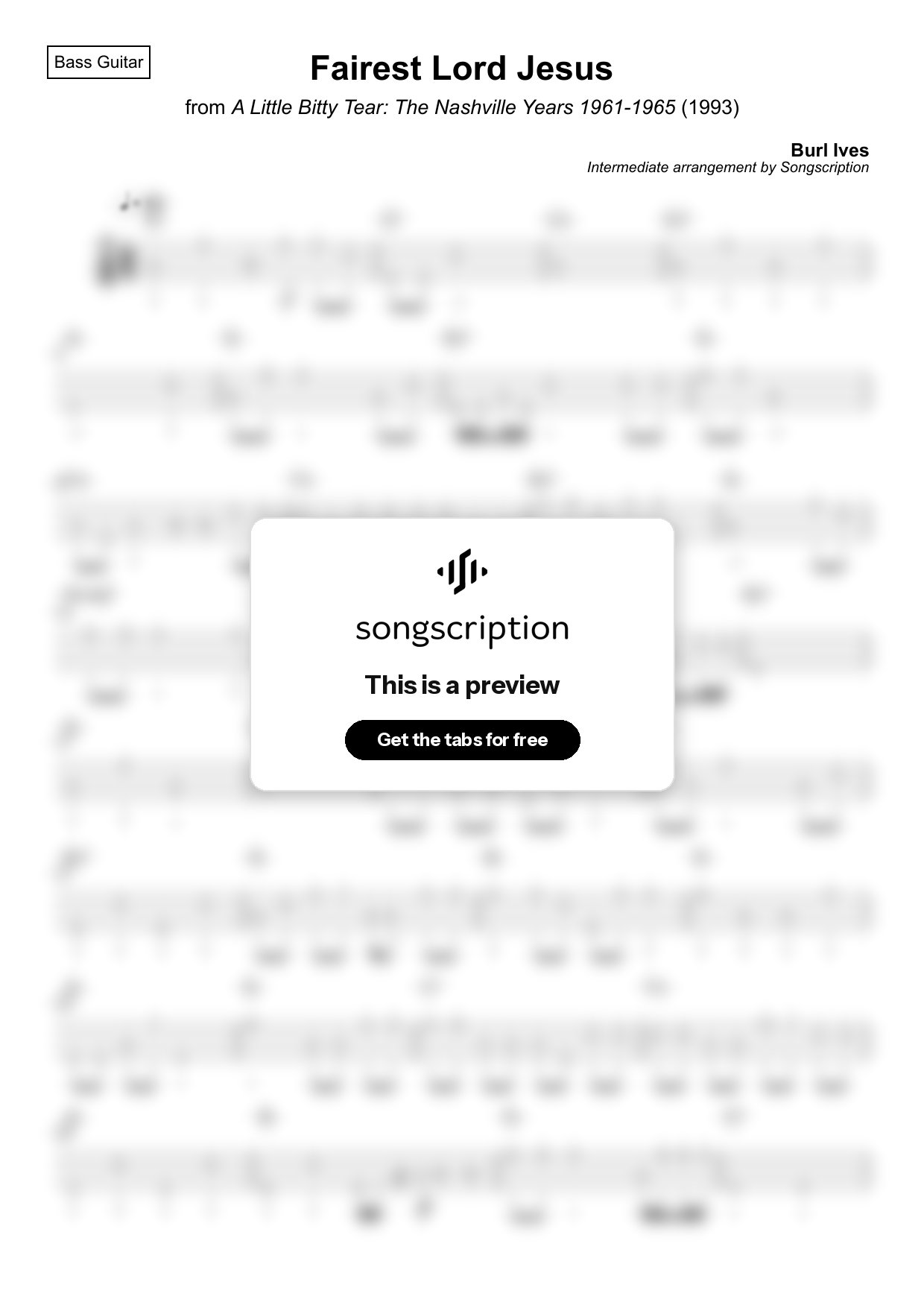 Intermediate Bass Guitar Tabs for "Fairest Lord Jesus" by Burl Ives