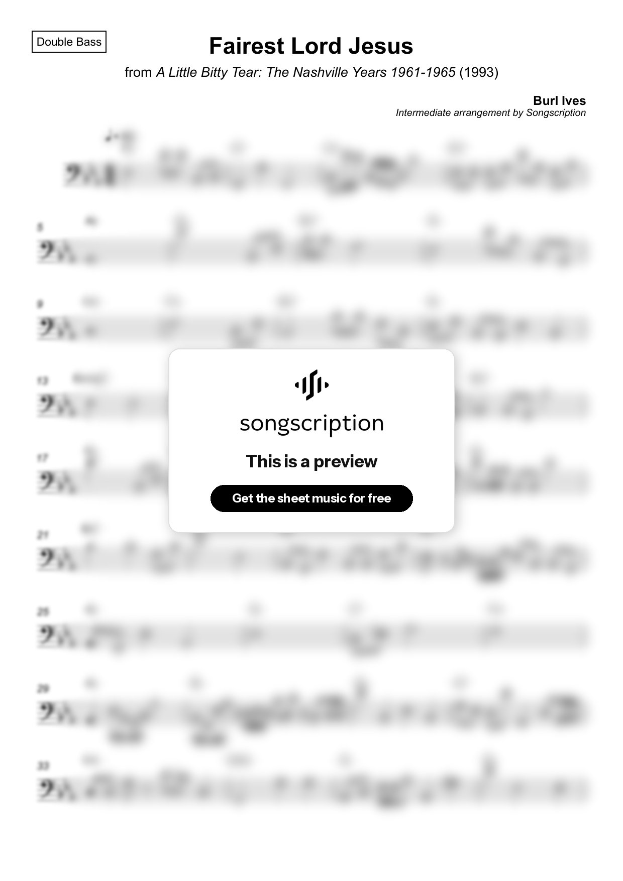 Intermediate Double Bass Sheet Music for "Fairest Lord Jesus" by Burl Ives