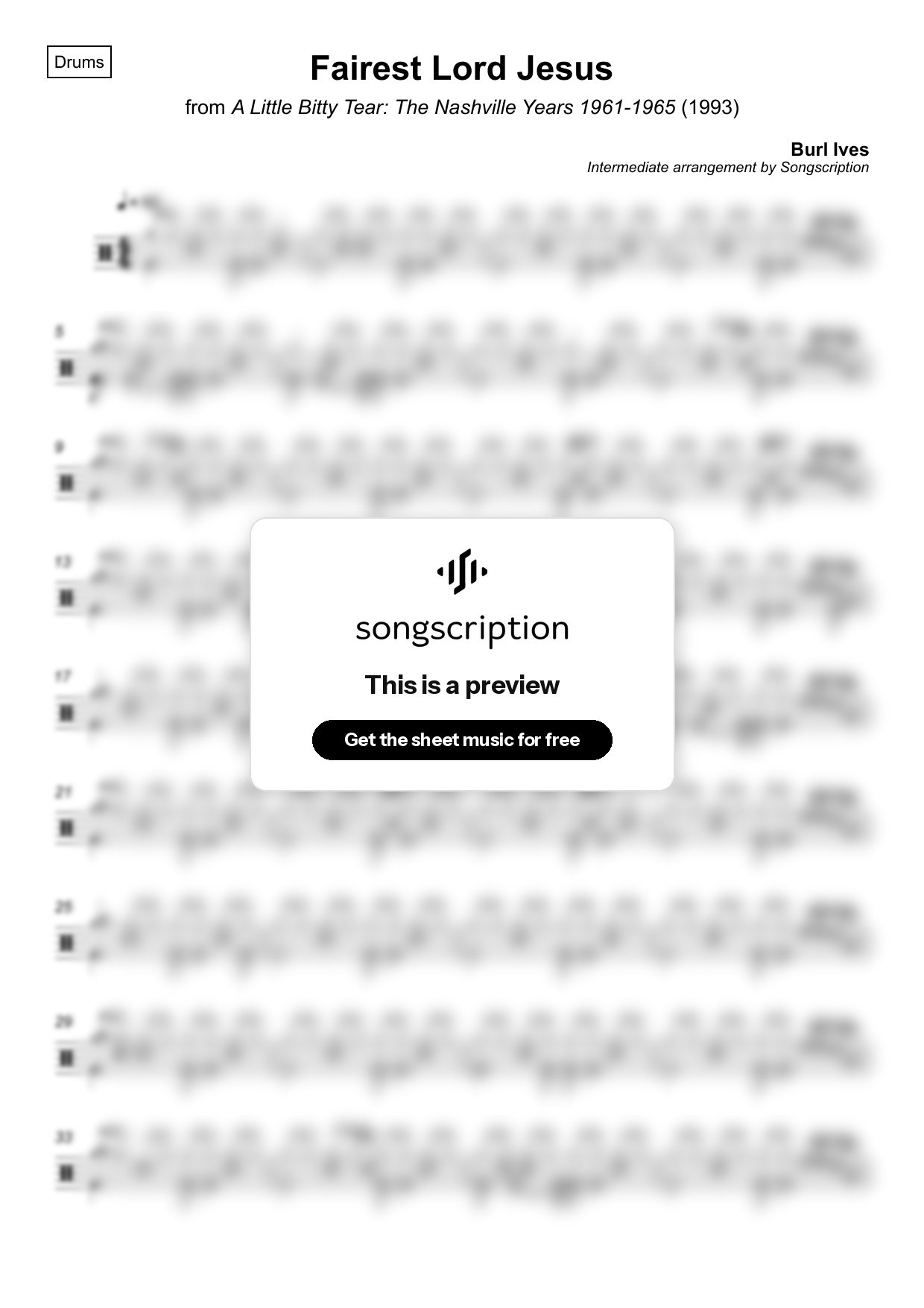 Intermediate Drums Sheet Music for "Fairest Lord Jesus" by Burl Ives